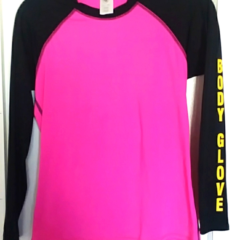 Body Glove Women's Swim Top M Medium Pink Black Long Sleeve